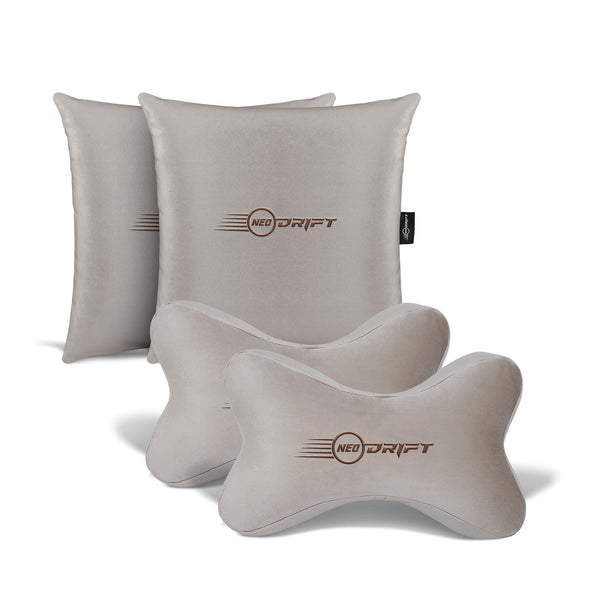 Neodrift® Neck Cushions for Neck Support in Car/Office Seat-#Style_Neo-Kit (2 Neck Cushions & 2 Square Pillows)#Color_Beige NK