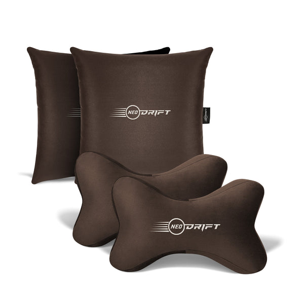 Neodrift® Neck Cushions for Neck Support in Car/Office Seat-#Style_Neo-Kit (2 Neck Cushions & 2 Square Pillows)#Color_Coffee NK
