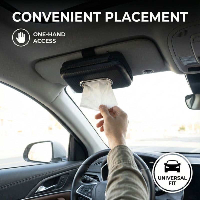 NEODRIFT ‘Tissue Master’ Hard Shell Car Tissue Box Holder with 100 Pulls | Carbon Fiber Texture PVC | Zip Closure | Seat Back & Dashboard