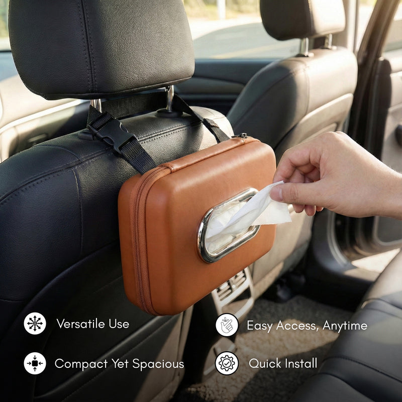 NEODRIFT ‘Tissue Master’ Hard Shell Car Tissue Box Holder with 100 Pulls | Carbon Fiber Texture PVC | Zip Closure | Seat Back & Dashboard