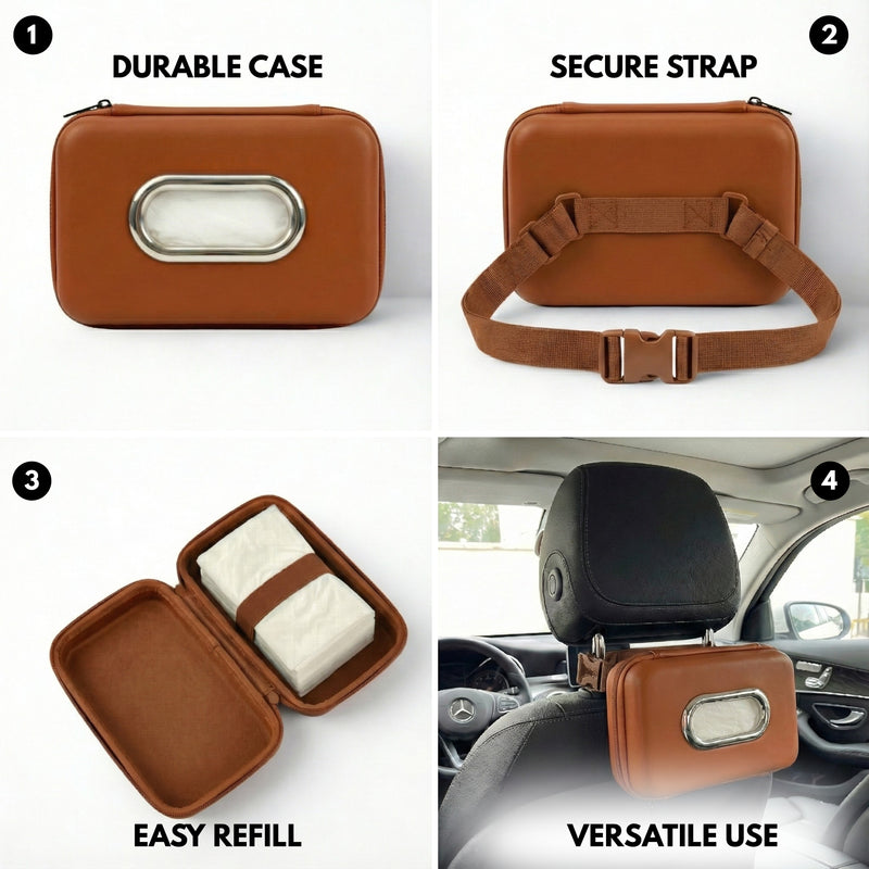 NEODRIFT ‘Tissue Master’ Hard Shell Car Tissue Box Holder with 100 Pulls | Carbon Fiber Texture PVC | Zip Closure | Seat Back & Dashboard