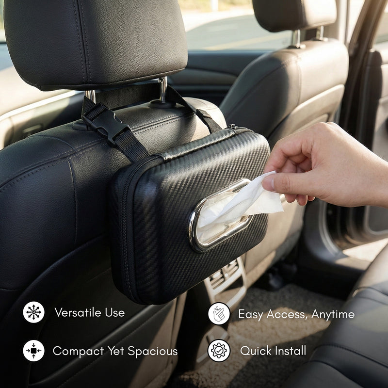 NEODRIFT ‘Tissue Master’ Hard Shell Car Tissue Box Holder with 100 Pulls | Carbon Fiber Texture PVC | Zip Closure | Seat Back & Dashboard