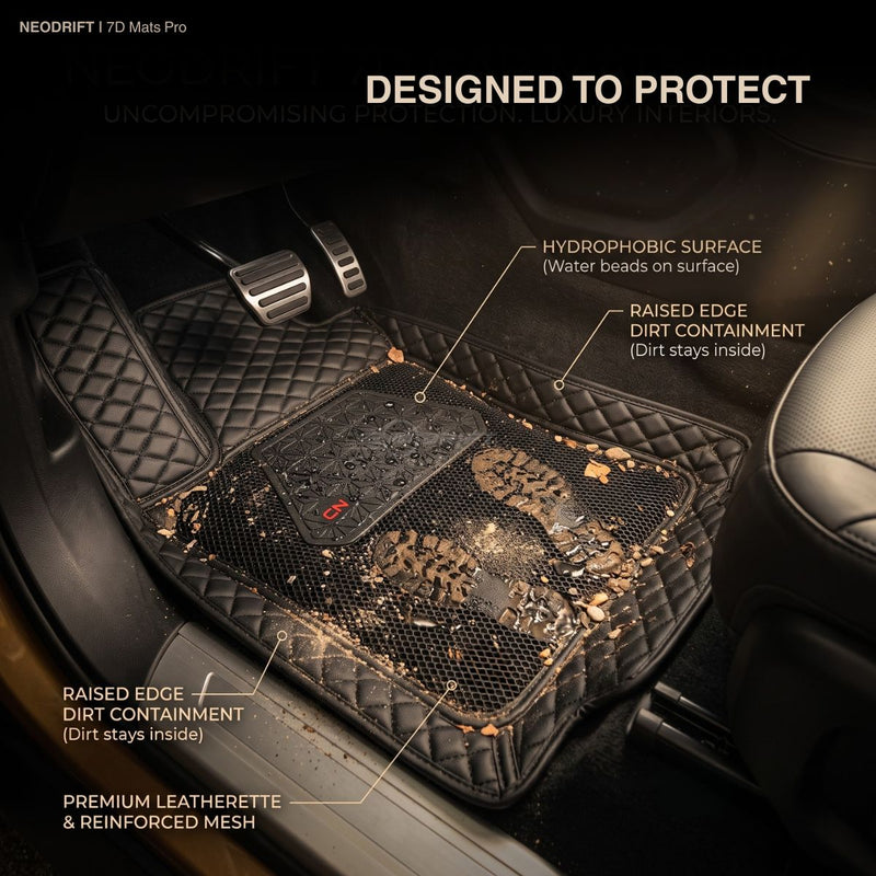 Neodrift 7D Mat PRO Full Black floor mat for Tata Harrier, hydrophobic raised edges