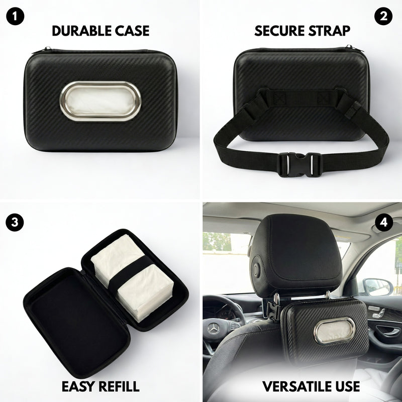 NEODRIFT ‘Tissue Master’ Hard Shell Car Tissue Box Holder with 100 Pulls | Carbon Fiber Texture PVC | Zip Closure | Seat Back & Dashboard