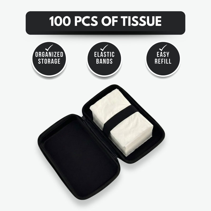 NEODRIFT ‘Tissue Master’ Hard Shell Car Tissue Box Holder with 100 Pulls | Carbon Fiber Texture PVC | Zip Closure | Seat Back & Dashboard