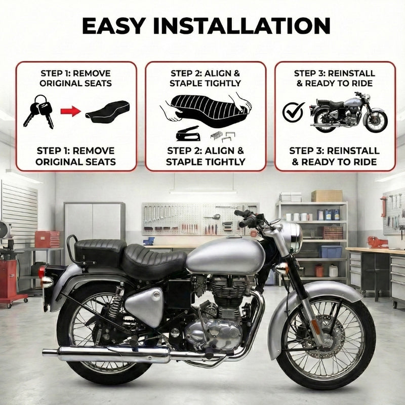 Neodrift Bike Seat Cover For Royal Enfield | Anti-Slip & Shock-Absorbing Design | Water-Resistant | Strip Cushioning | Easy Fit | Saka Art Leather