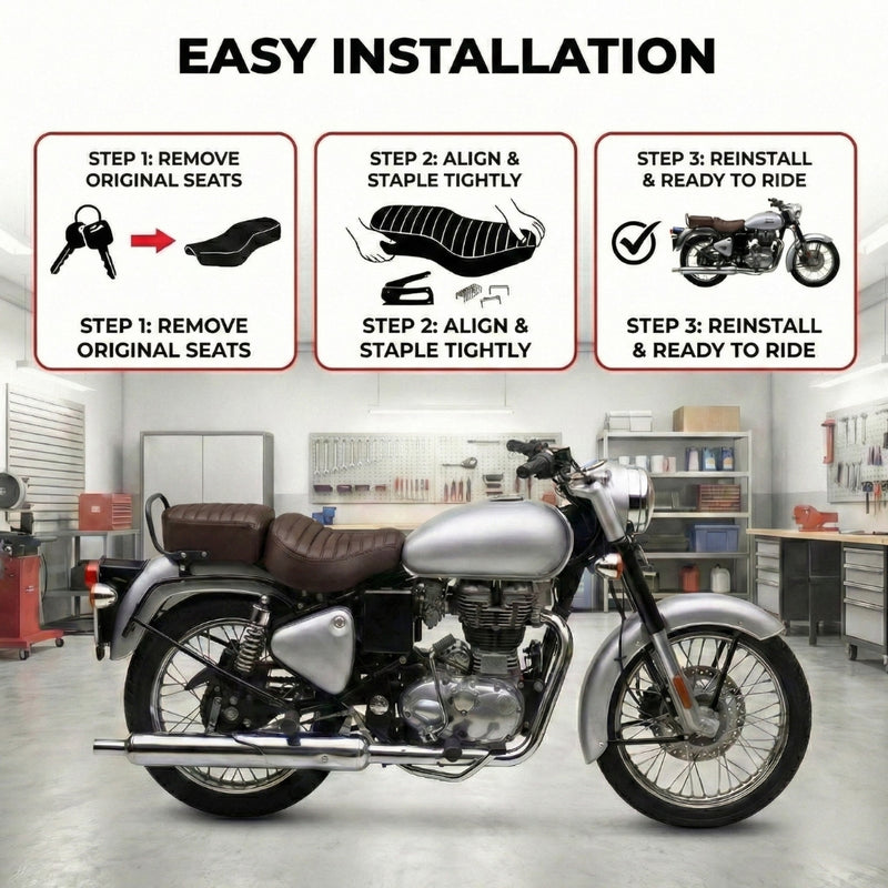 Neodrift Bike Seat Cover For Royal Enfield | Anti-Slip & Shock-Absorbing Design | Water-Resistant | Strip Cushioning | Easy Fit | Saka Art Leather