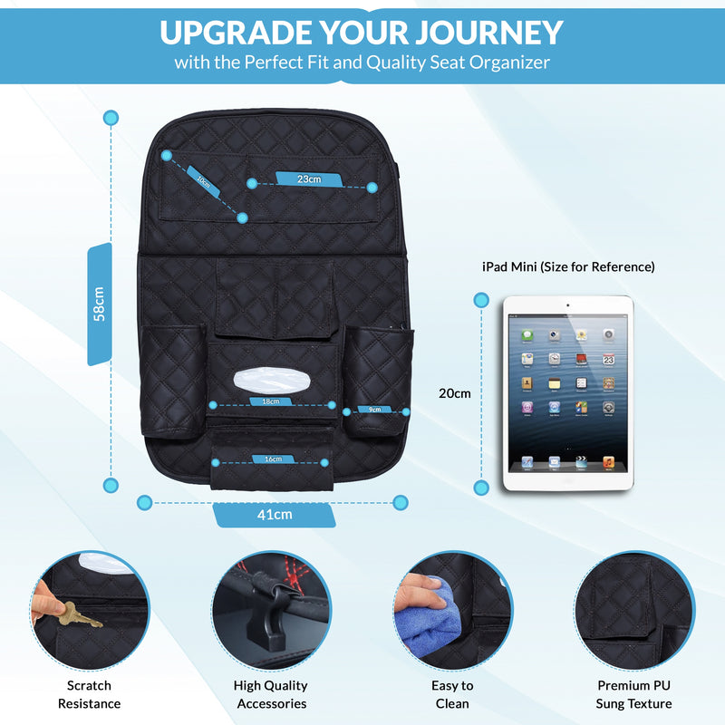 Neodrift 'Seat Master' - Car Seat Organizer | Nappa PU Leather with Folding Meal Tray and 10 Pockets - Tissues, Bottles, Phones, iPad Mini, Documents, Umbrella