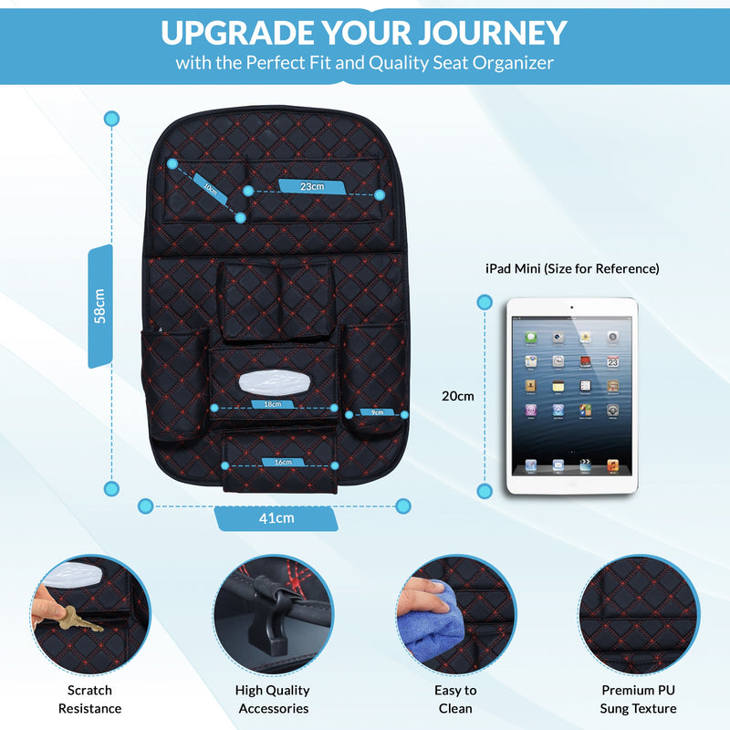 Neodrift 'Seat Master' - Car Seat Organizer | Nappa PU Leather with Folding Meal Tray and 10 Pockets - Tissues, Bottles, Phones, iPad Mini, Documents, Umbrella