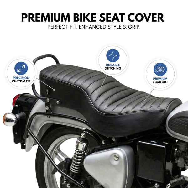 Neodrift Bike Seat Cover For Royal Enfield | Anti-Slip & Shock-Absorbing Design | Water-Resistant | Strip Cushioning | Easy Fit | Saka Art Leather#Colour_1-Black