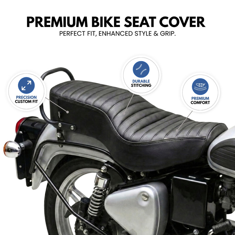 Neodrift Bike Seat Cover For Royal Enfield | Anti-Slip & Shock-Absorbing Design | Water-Resistant | Strip Cushioning | Easy Fit | Saka Art Leather