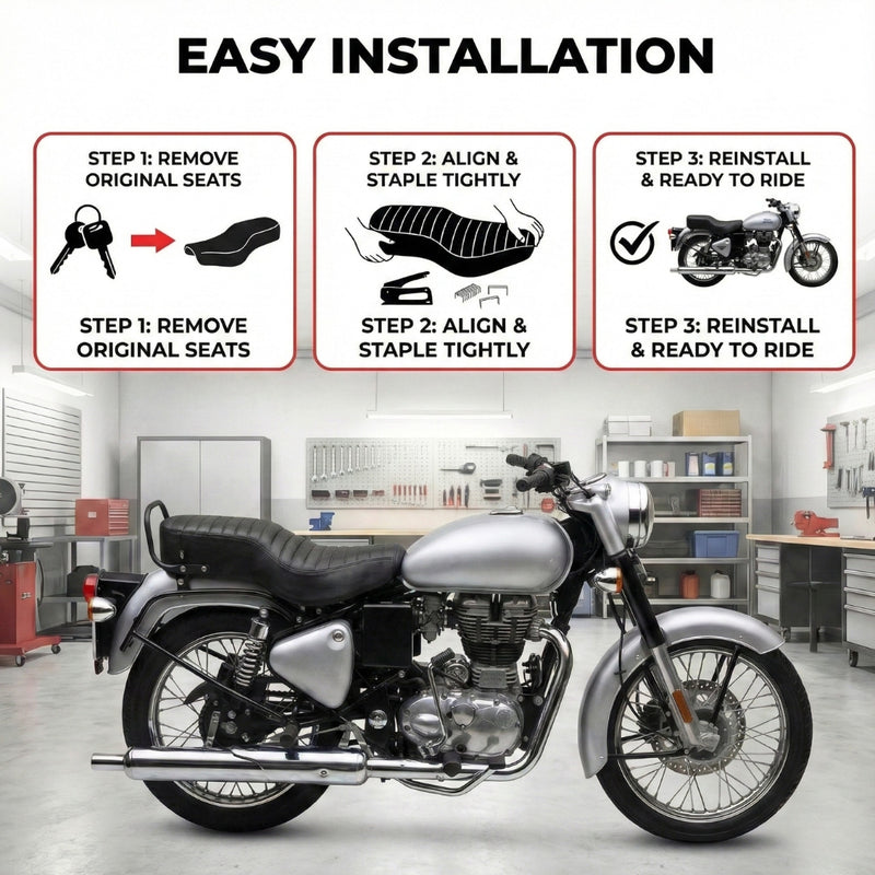 Neodrift Bike Seat Cover For Royal Enfield | Anti-Slip & Shock-Absorbing Design | Water-Resistant | Strip Cushioning | Easy Fit | Saka Art Leather