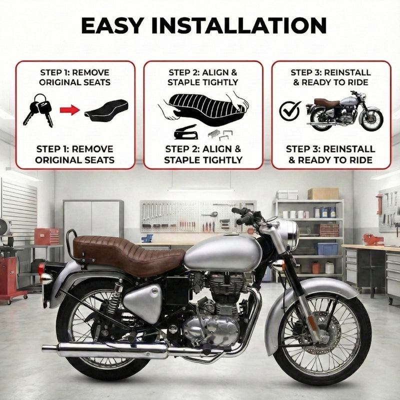 Neodrift Bike Seat Cover For Royal Enfield | Anti-Slip & Shock-Absorbing Design | Water-Resistant | Strip Cushioning | Easy Fit | Saka Art Leather