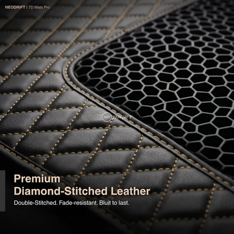 Neodrift 7D Mat PRO Black and Beige diamond-stitched leatherette and honeycomb mesh, close up