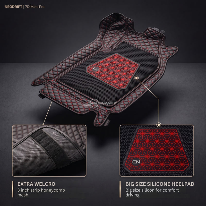 Neodrift 7D Mat PRO Black and Red 4-piece floor mat set with velcro strip and silicone heel pad