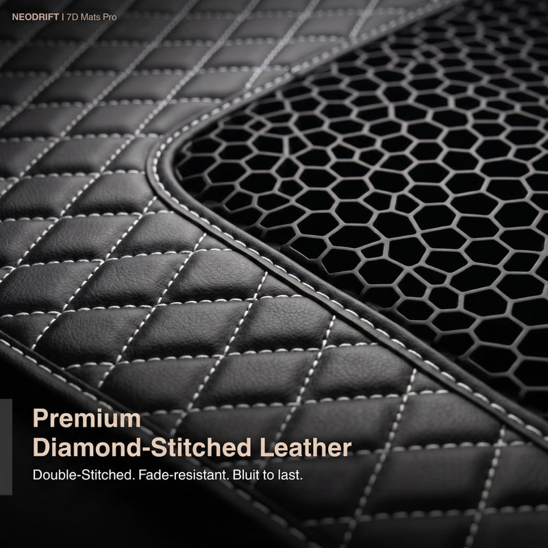 Neodrift 7D Mat PRO Black and Silver diamond-stitched leatherette and honeycomb mesh, close up