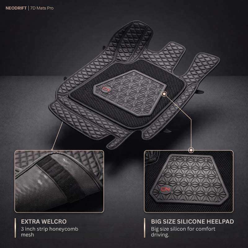 Neodrift 7D Mat PRO Black and Silver 4-piece floor mat set with velcro strip and silicone heel pad