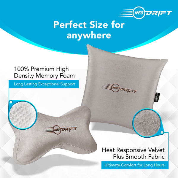 Neodrift® Neck Cushions for Neck Support in Car/Office Seat-#Style_Neo-Kit (2 Neck Cushions & 2 Square Pillows)#Color_Beige NK