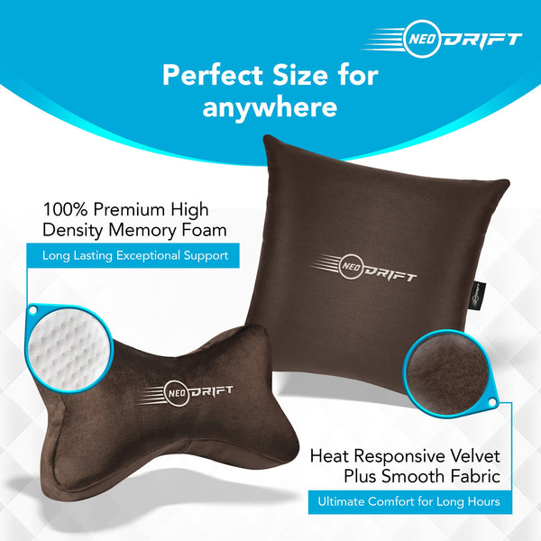 Neodrift® Neck Cushions for Neck Support in Car/Office Seat-#Style_Neo-Kit (2 Neck Cushions & 2 Square Pillows)#Color_Coffee NK