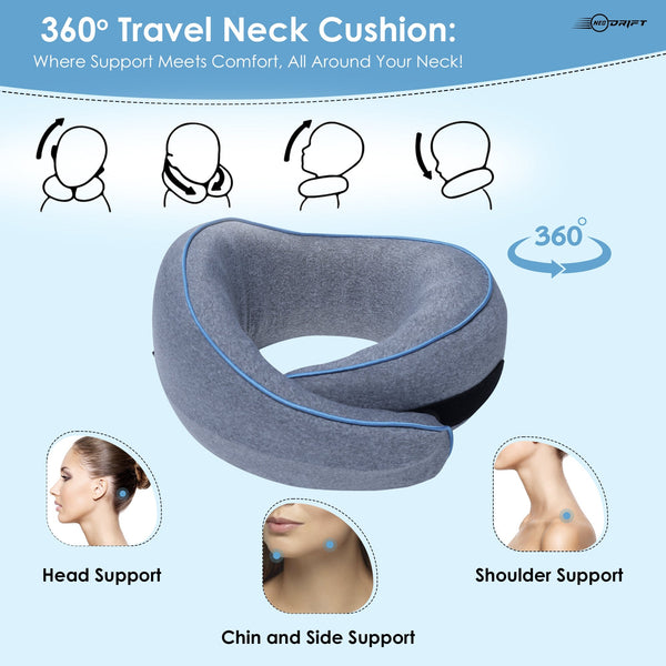 Neodrift® 'TravelNeck' - Memory Foam Travel Pillow for Neck Support-#Style_TravelNeck 360#Color_Grey 360°